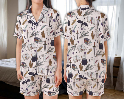 Witchy Magic Satin Pajama Set, Fantasy Spellbook, Potion, Bat & Crystal Print Sleepwear, Magical Short Sleeve Button Up Loungewear For Women