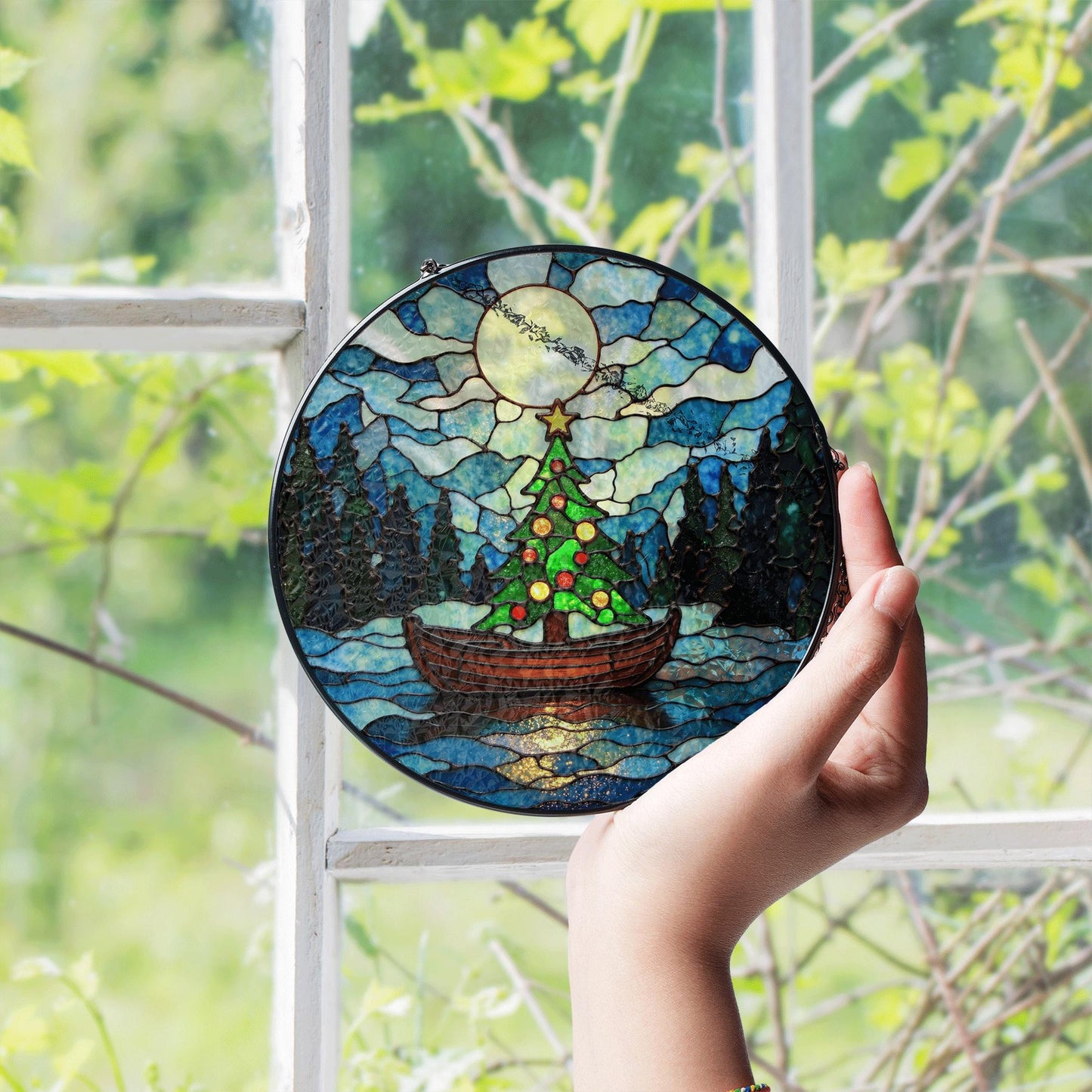 Christmas Tree Boat Moonlight Suncatcher Stained Glass Window Decor Gift for Holiday Lovers