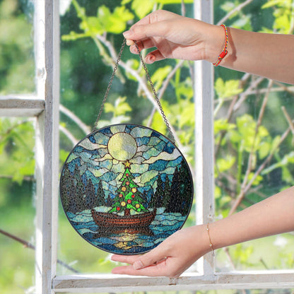 Christmas Tree Boat Moonlight Suncatcher Stained Glass Window Decor Gift for Holiday Lovers