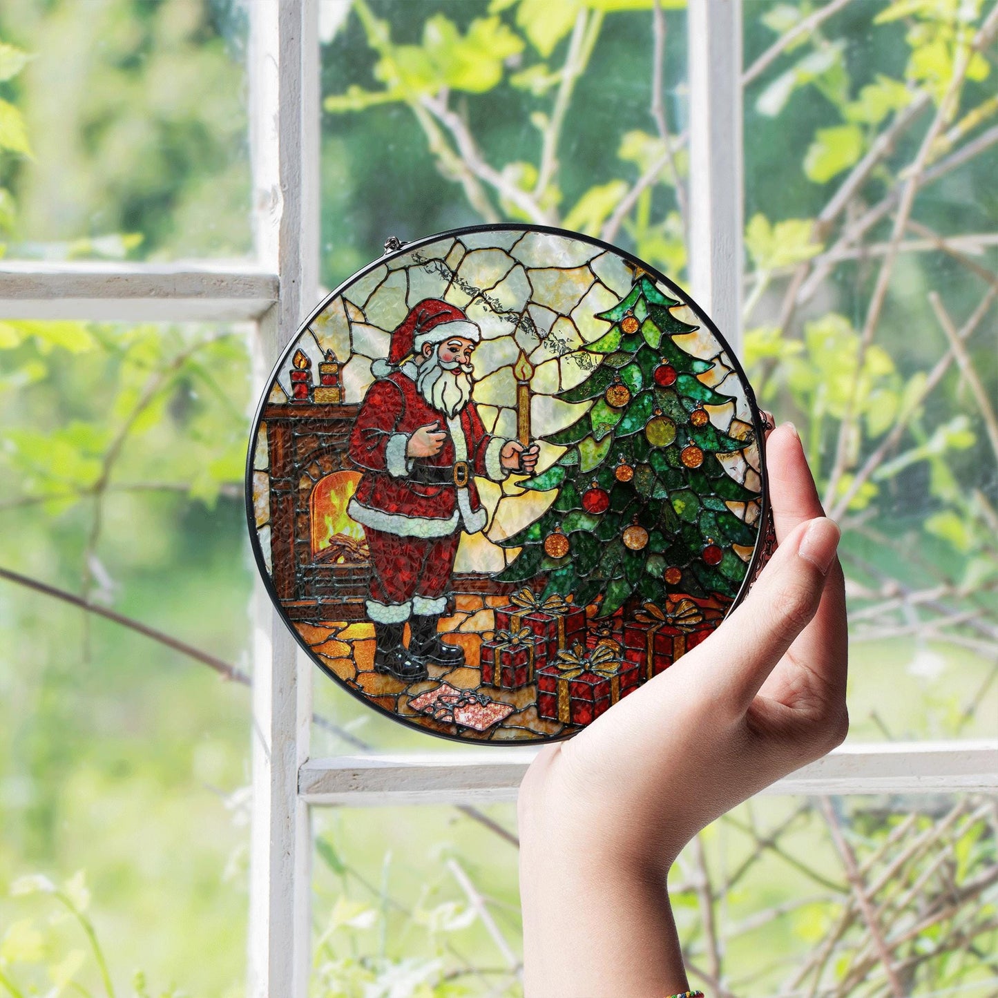 Santa by Christmas Tree Round Glass Suncatcher Holiday Window Decor Christmas Gift for Mom