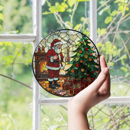 Santa by Christmas Tree Round Glass Suncatcher Holiday Window Decor Christmas Gift for Mom