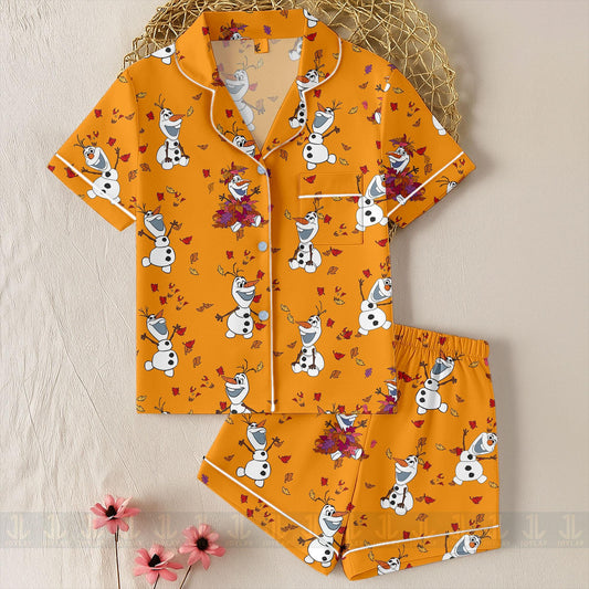 Olaf Fall Autumn Leaf Unisex Satin Pajamas Set, Spooky Season Pajamas , Long Sleeve And Short Styles