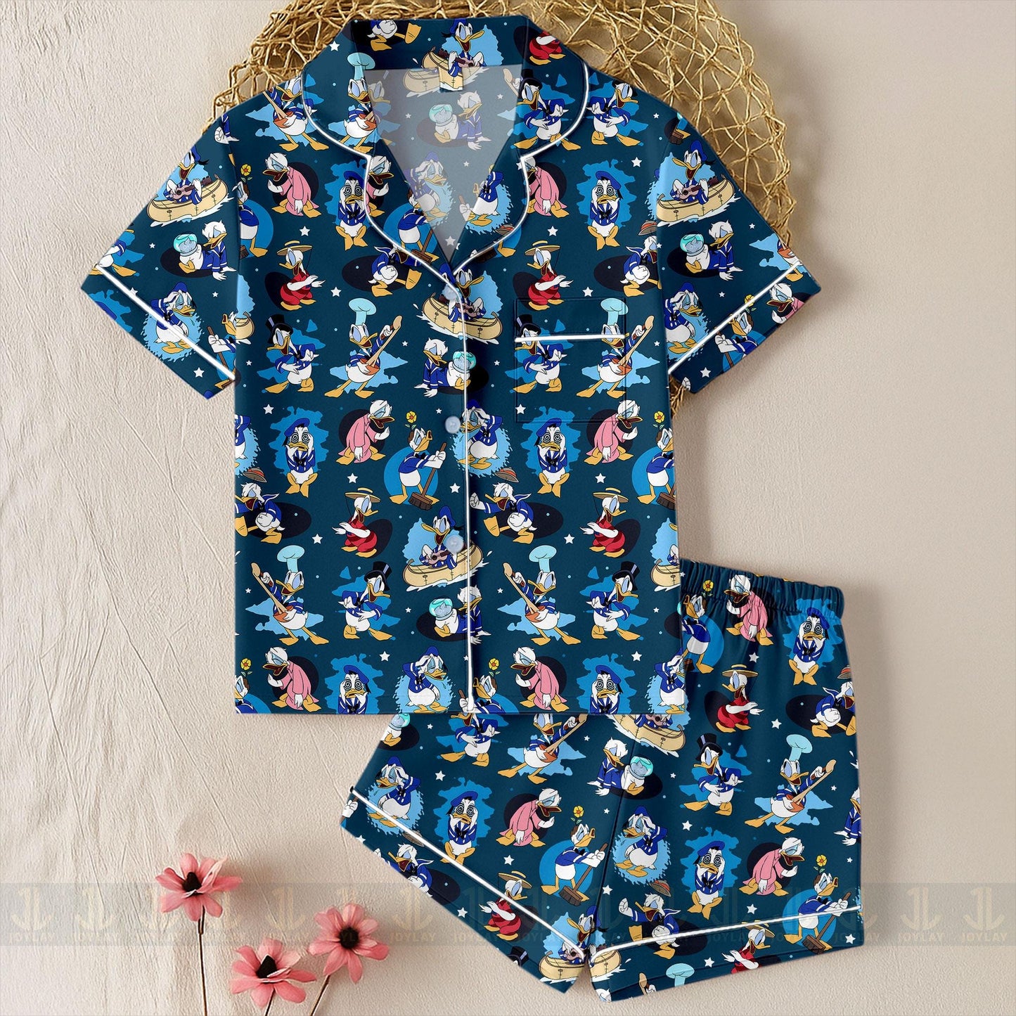 Donald Duck Emotions Unisex Satin Pajamas Set, Spooky Season Pajamas , Long Sleeve And Short Styles