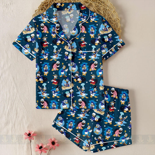 Donald Duck Emotions Unisex Satin Pajamas Set, Spooky Season Pajamas , Long Sleeve And Short Styles