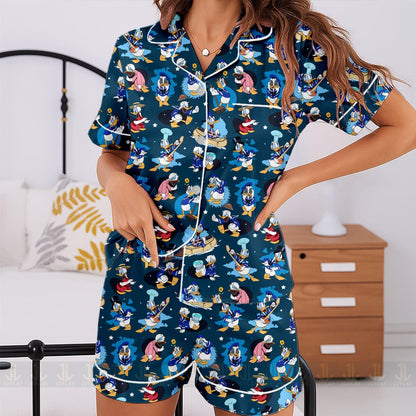 Donald Duck Emotions Unisex Satin Pajamas Set, Spooky Season Pajamas , Long Sleeve And Short Styles