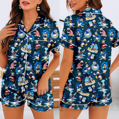 Donald Duck Emotions Unisex Satin Pajamas Set, Spooky Season Pajamas , Long Sleeve And Short Styles