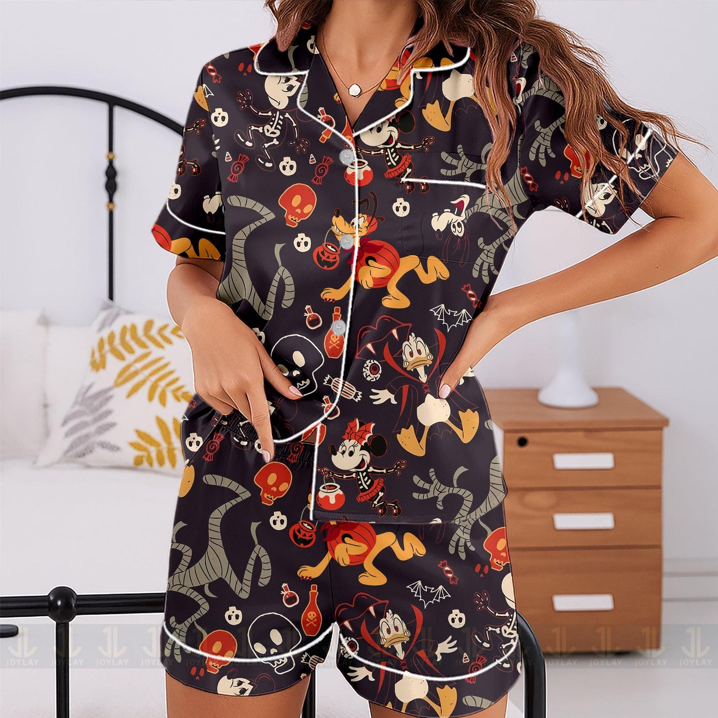 Goofy Dog Pluto Dog Fall Pumpkin Unisex Satin Pajamas Set, Spooky Season Pajamas , Long Sleeve And Short Styles