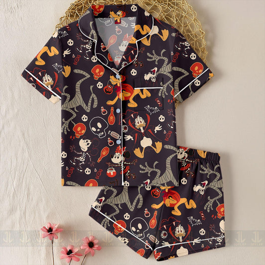 Goofy Dog Pluto Dog Fall Pumpkin Unisex Satin Pajamas Set, Spooky Season Pajamas , Long Sleeve And Short Styles