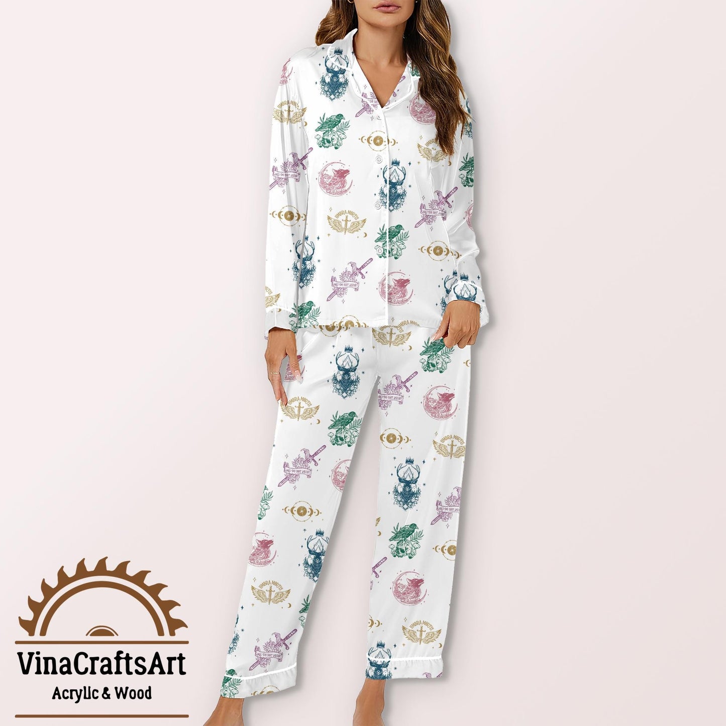 Fantasy Satin Pajama Set for Women – Soft Short Sleeve Sleepwear with Magical Symbols, DnD & Book Lover Gift Idea