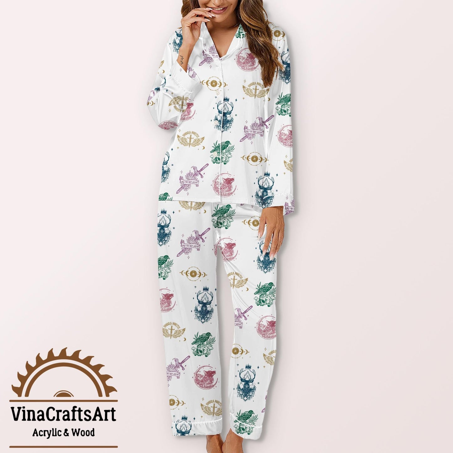Fantasy Satin Pajama Set for Women – Soft Short Sleeve Sleepwear with Magical Symbols, DnD & Book Lover Gift Idea