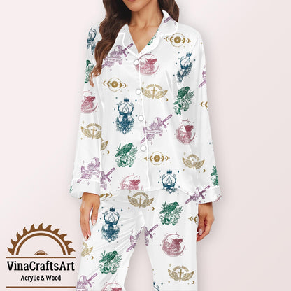 Fantasy Satin Pajama Set for Women – Soft Short Sleeve Sleepwear with Magical Symbols, DnD & Book Lover Gift Idea