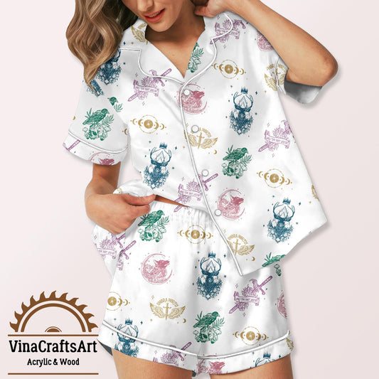 Fantasy Satin Pajama Set for Women – Soft Short Sleeve Sleepwear with Magical Symbols, DnD & Book Lover Gift Idea