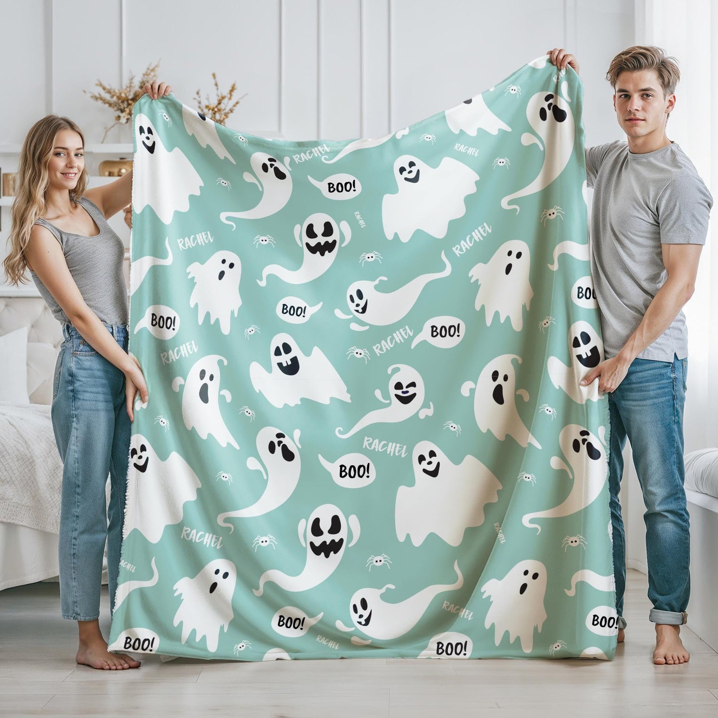 Halloween Ghost Blanket – Custom Name Throw, Cute Spooky Decor for Kids & Adults, Cozy Fall Gift, Boo Blanket,Halloween,xmas season