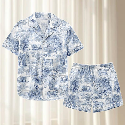 Wild Animal Satin Pajamas Short Set, Safari Matching Pjs, Tiger Elephant Lion Sleepwear, Vintage Jungle Loungewear, Gift For Her