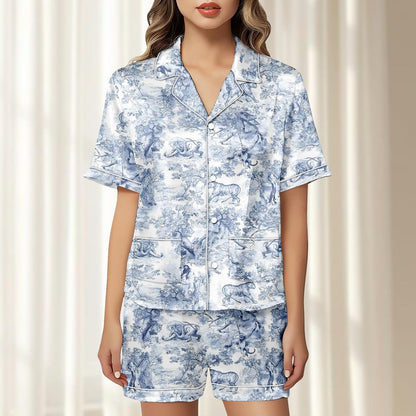 Wild Animal Satin Pajamas Short Set, Safari Matching Pjs, Tiger Elephant Lion Sleepwear, Vintage Jungle Loungewear, Gift For Her