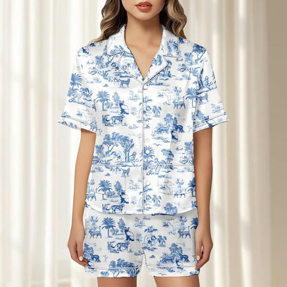 Tropical Animal Satin Pajamas Short Set, Blue White Safari Matching Pjs, Jungle Wildlife Sleepwear, Silky Loungewear, Gift For Her