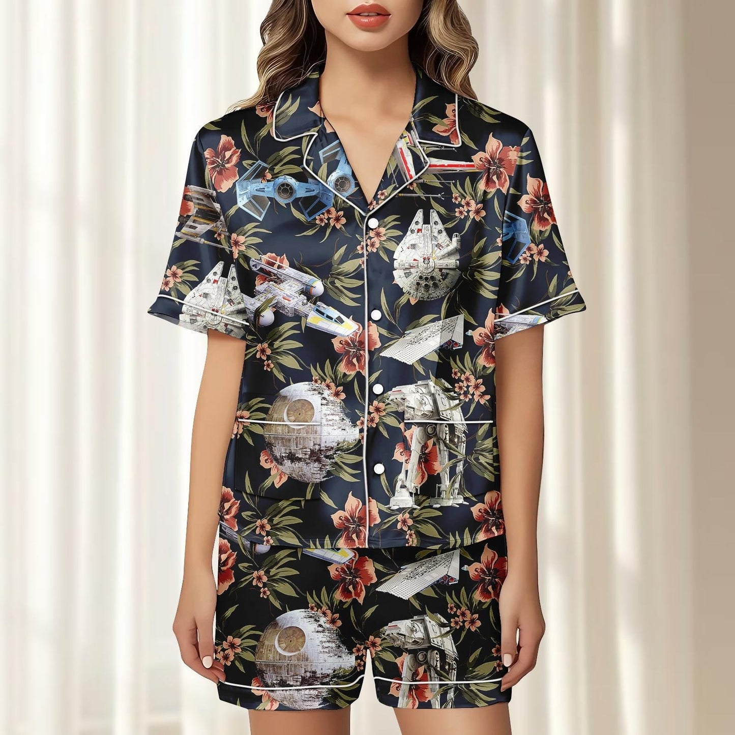 Star Wars Floral Satin Pajamas Short Set, Tropical Space Ship Pjs, Black Galaxy Sleepwear, Cute Nerdy Silky Loungewear, Gift For Her
