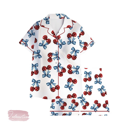 American Flag Cherry Bow Pajama Set – Patriotic Short Sleeve Sleepwear, Cute 4th of July Loungewear Gift for Her