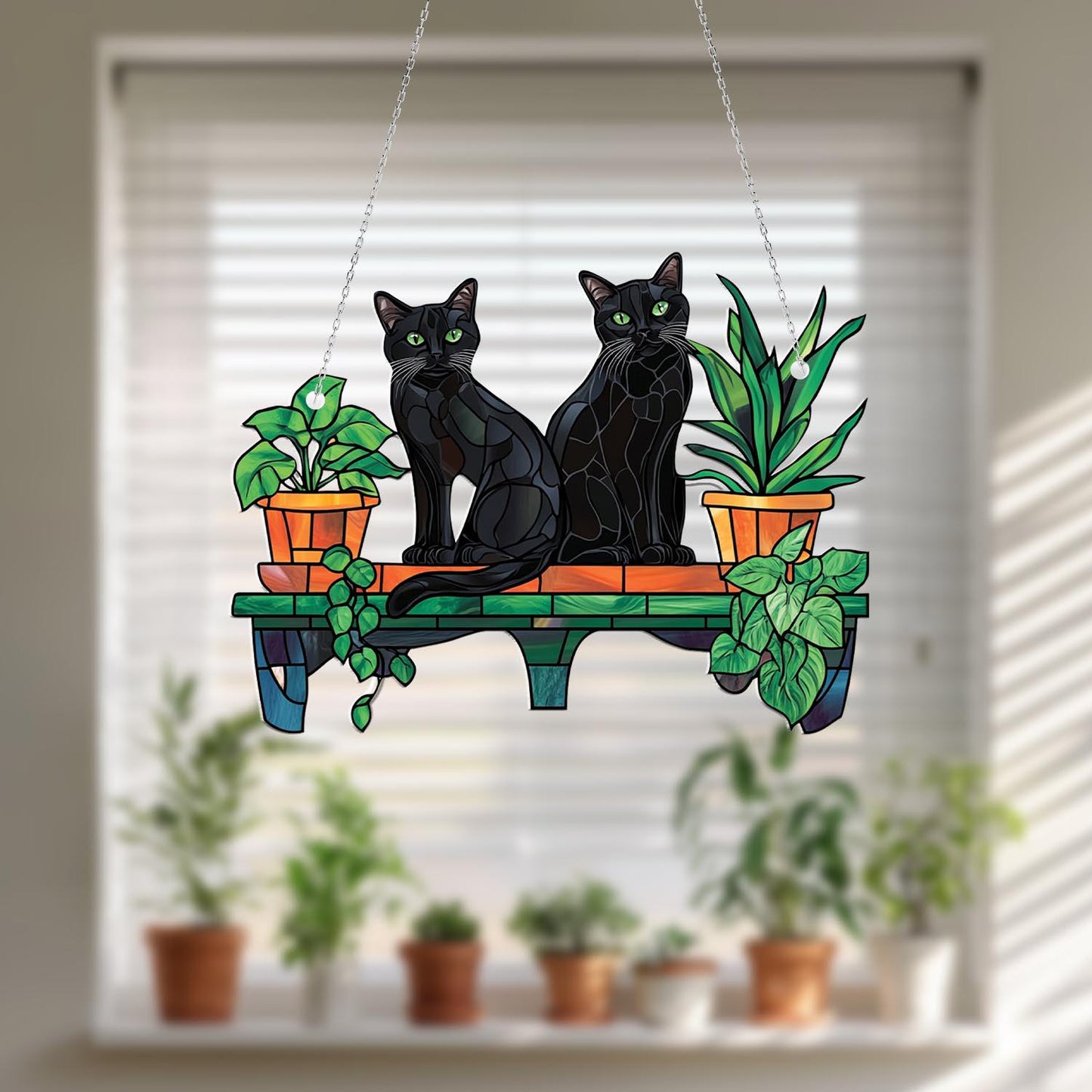 Two Black Cats on Plant Shelf Window Hanging – Elegant and Mysterious Home Décor for Cat Lovers, Plant Parents, and Cozy Autumn Vibes