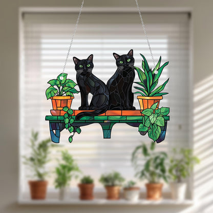 Two Black Cats on Plant Shelf Window Hanging – Elegant and Mysterious Home Décor for Cat Lovers, Plant Parents, and Cozy Autumn Vibes
