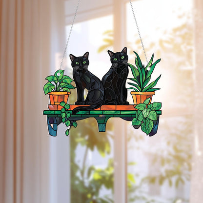Two Black Cats on Plant Shelf Window Hanging – Elegant and Mysterious Home Décor for Cat Lovers, Plant Parents, and Cozy Autumn Vibes