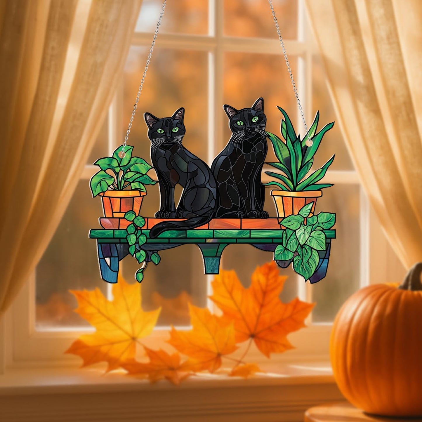 Two Black Cats on Plant Shelf Window Hanging – Elegant and Mysterious Home Décor for Cat Lovers, Plant Parents, and Cozy Autumn Vibes