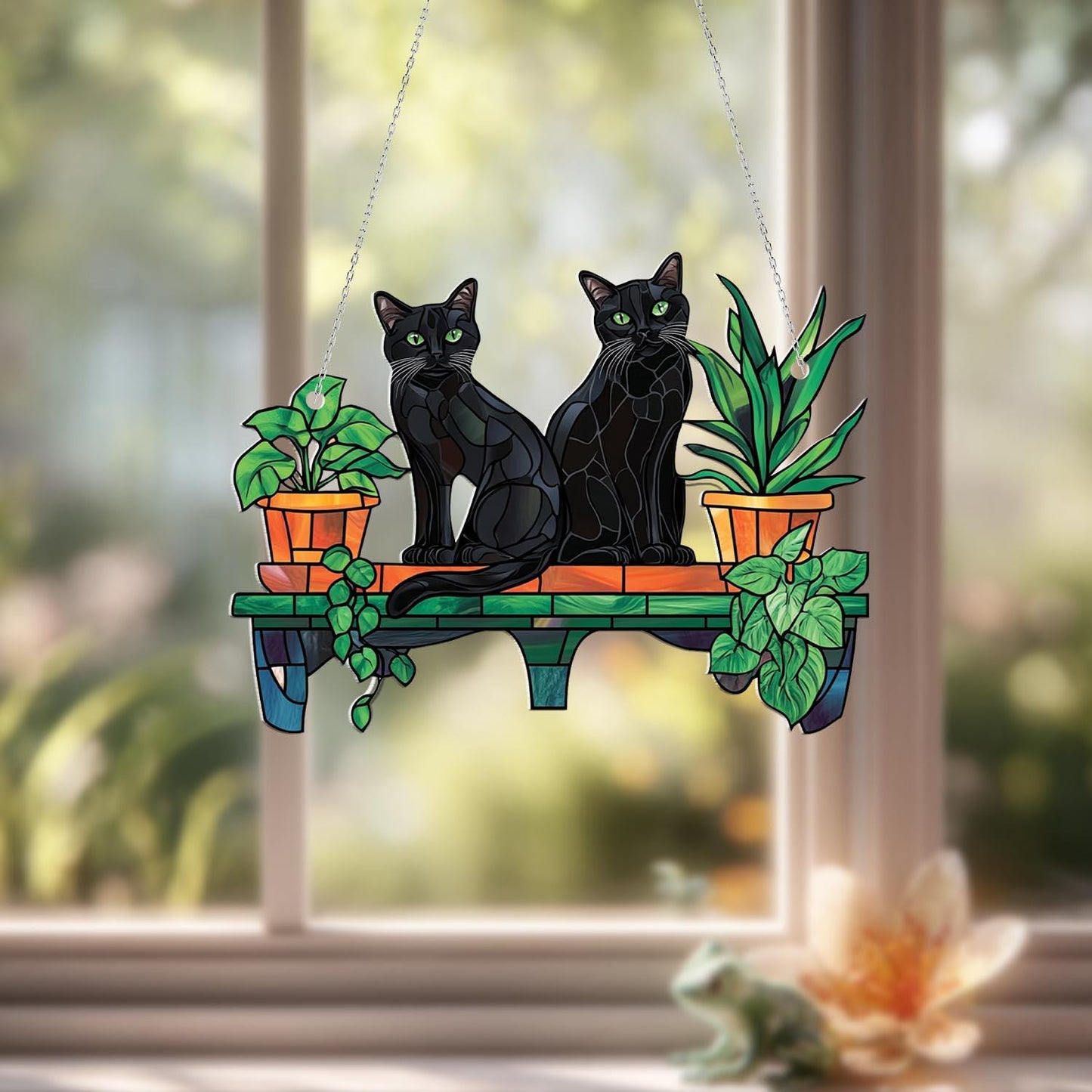 Two Black Cats on Plant Shelf Window Hanging – Elegant and Mysterious Home Décor for Cat Lovers, Plant Parents, and Cozy Autumn Vibes