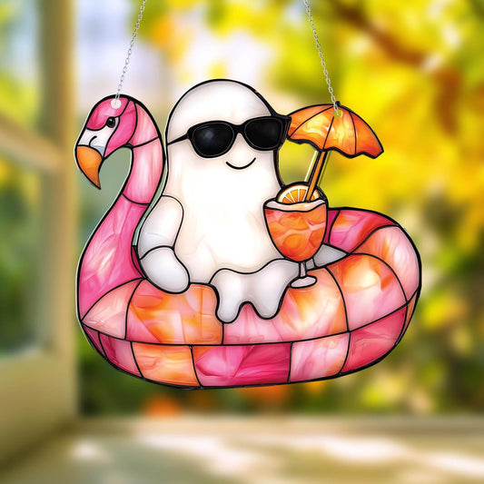 Funny Ghost on Flamingo Float Window Hanging, Summer Beach Decor with Drink and Shades, Cute Halloween Gift for Ghost Lovers