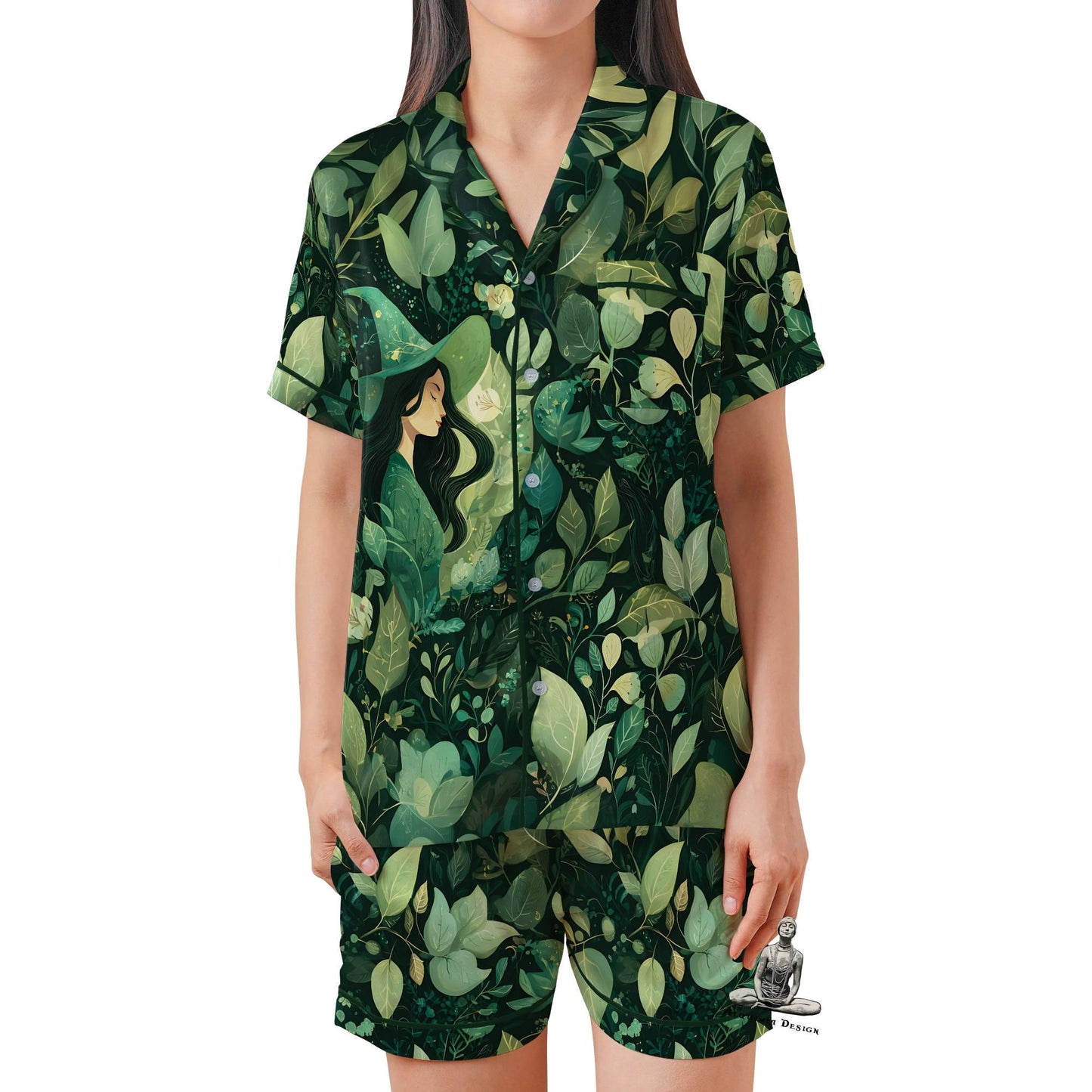 Green Witch Pajama Set Short Sleeves, Witchy Woman's Satin Pajama Short Sleeve Pagan Wiccan Gift Plant Lover Witch Gifts