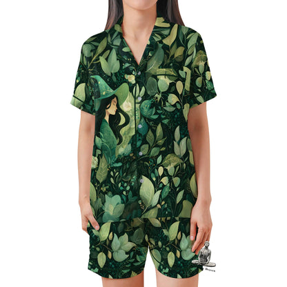 Green Witch Pajama Set Short Sleeves, Witchy Woman's Satin Pajama Short Sleeve Pagan Wiccan Gift Plant Lover Witch Gifts
