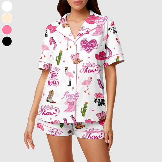 Flamingo Cowgirl Pajama Set, Flamingo Women's Western Pajama Short Set, Cactus & Cowgirl Print Summer Lounge Set, Cowgirl Birthday Gift