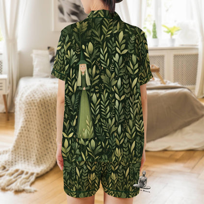 Green Witch Pajama Set Short Sleeves, Witchy Woman's Satin Pajama Short Sleeve Pagan Wiccan Gift Plant Lover Witch Gifts