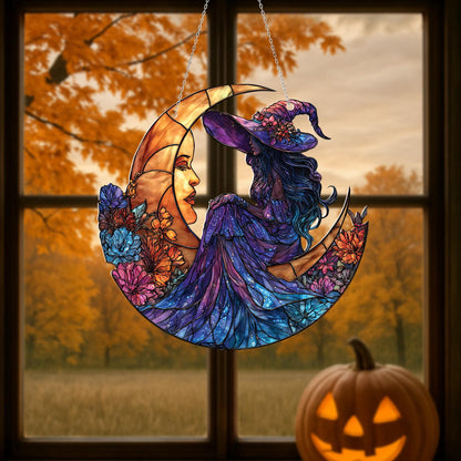 Celestial witch moon window hanging,floral witch sitting on crescent moon decor,magical boho wall art for witchy homes, cosmic window lovers