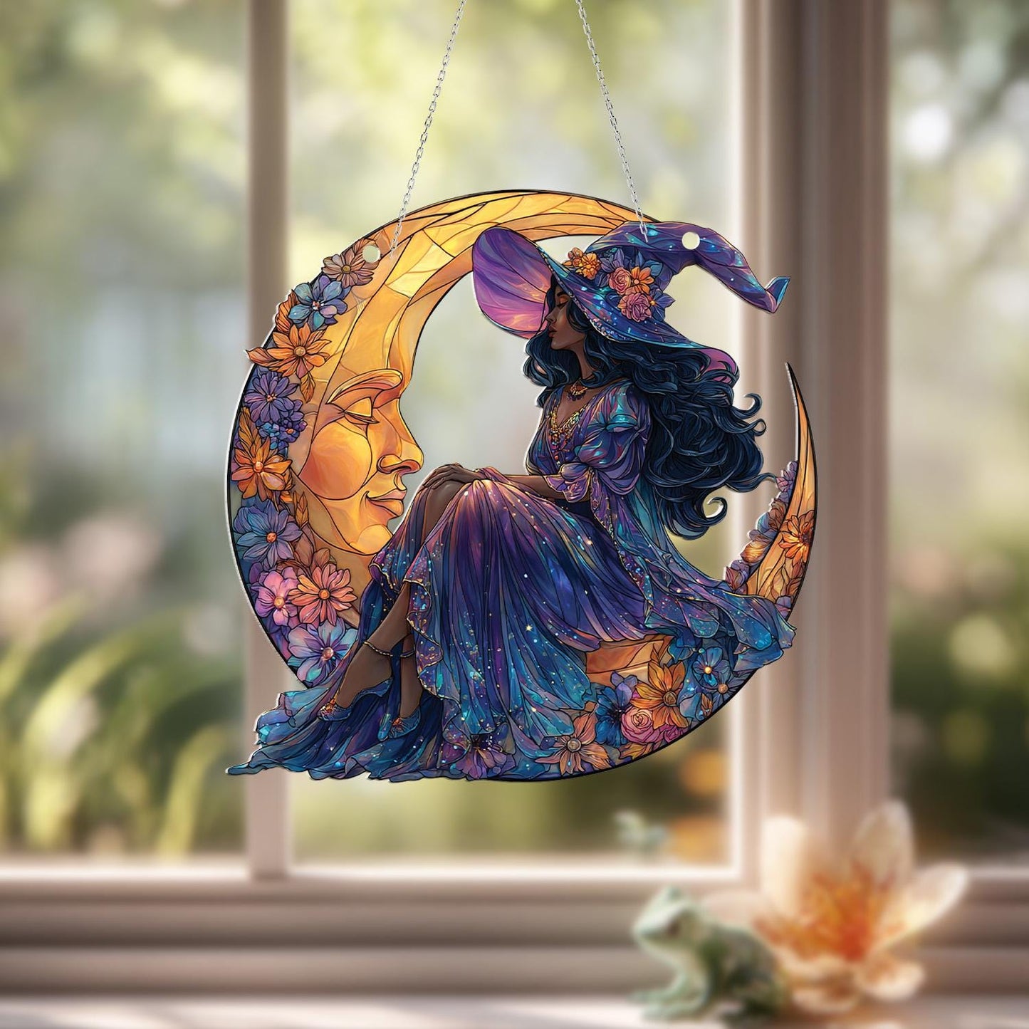 Celestial witch moon window hanging,floral witch sitting on crescent moon decor,magical boho wall art for witchy homes, cosmic window lovers