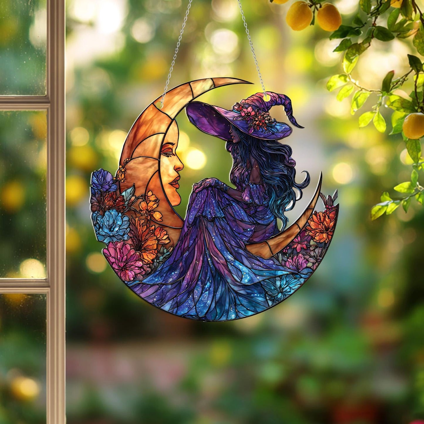 Celestial witch moon window hanging,floral witch sitting on crescent moon decor,magical boho wall art for witchy homes, cosmic window lovers
