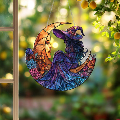 Celestial witch moon window hanging,floral witch sitting on crescent moon decor,magical boho wall art for witchy homes, cosmic window lovers