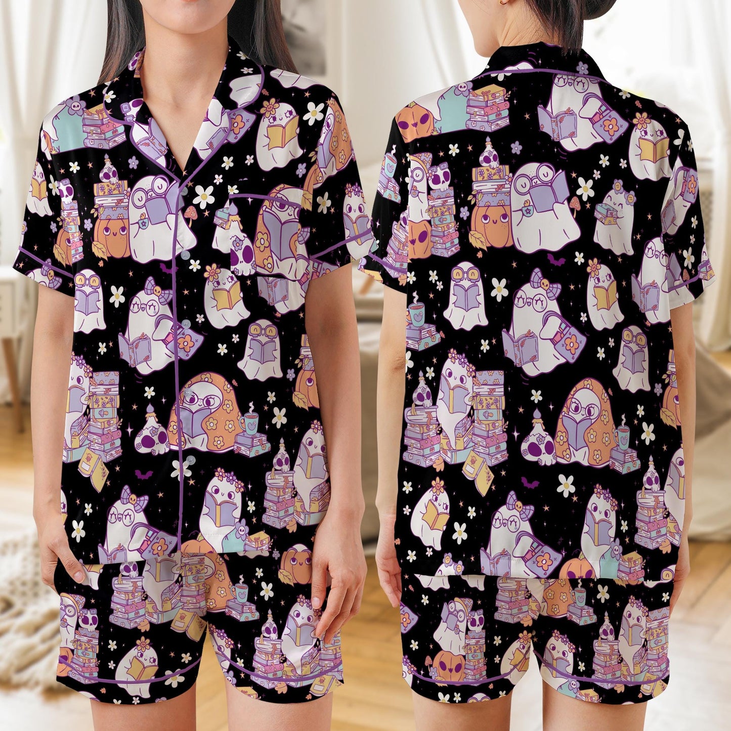 Bookish Ghost Satin Pajama Set, Cute Ghost Reading Book Halloween Pajamas, Cute Halloween Sleepwear For Book Lovers, Spooky Season Pajamas