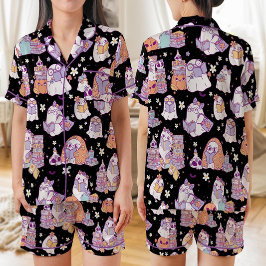 Bookish Ghost Satin Pajama Set, Cute Ghost Reading Book Halloween Pajamas, Cute Halloween Sleepwear For Book Lovers, Spooky Season Pajamas