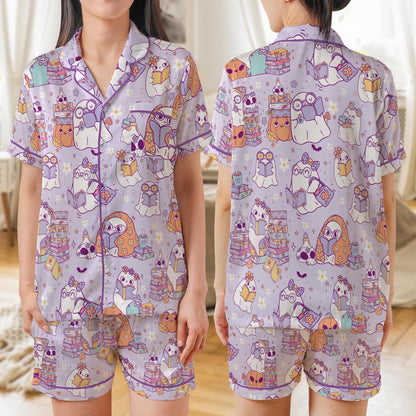 Bookish Ghost Satin Pajama Set, Cute Ghost Reading Book Halloween Pajamas, Cute Halloween Sleepwear For Book Lovers, Spooky Season Pajamas