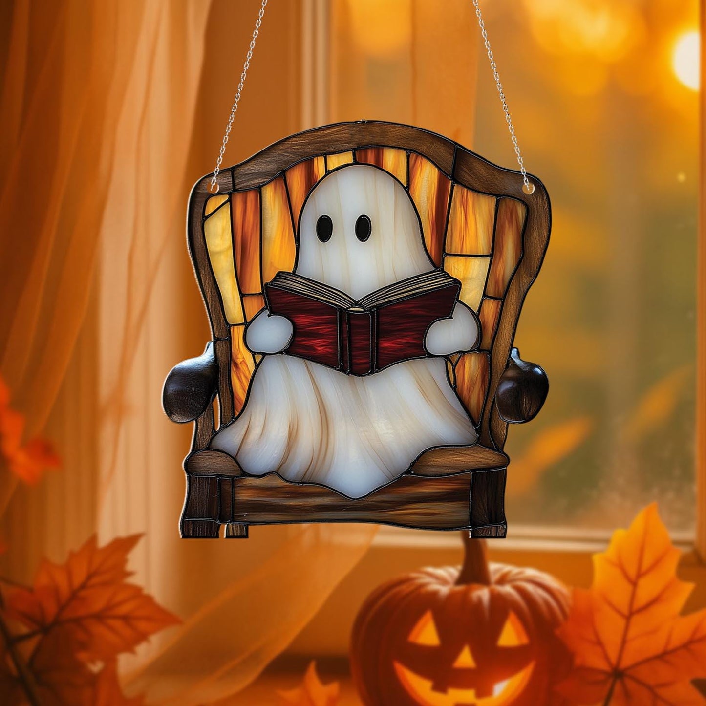 Ghost Reading Window Hanging – Cozy Spooky Halloween Decor for Book Lovers, Witchy Ghost Room Aesthetic, Cute Ghost Home Window Art
