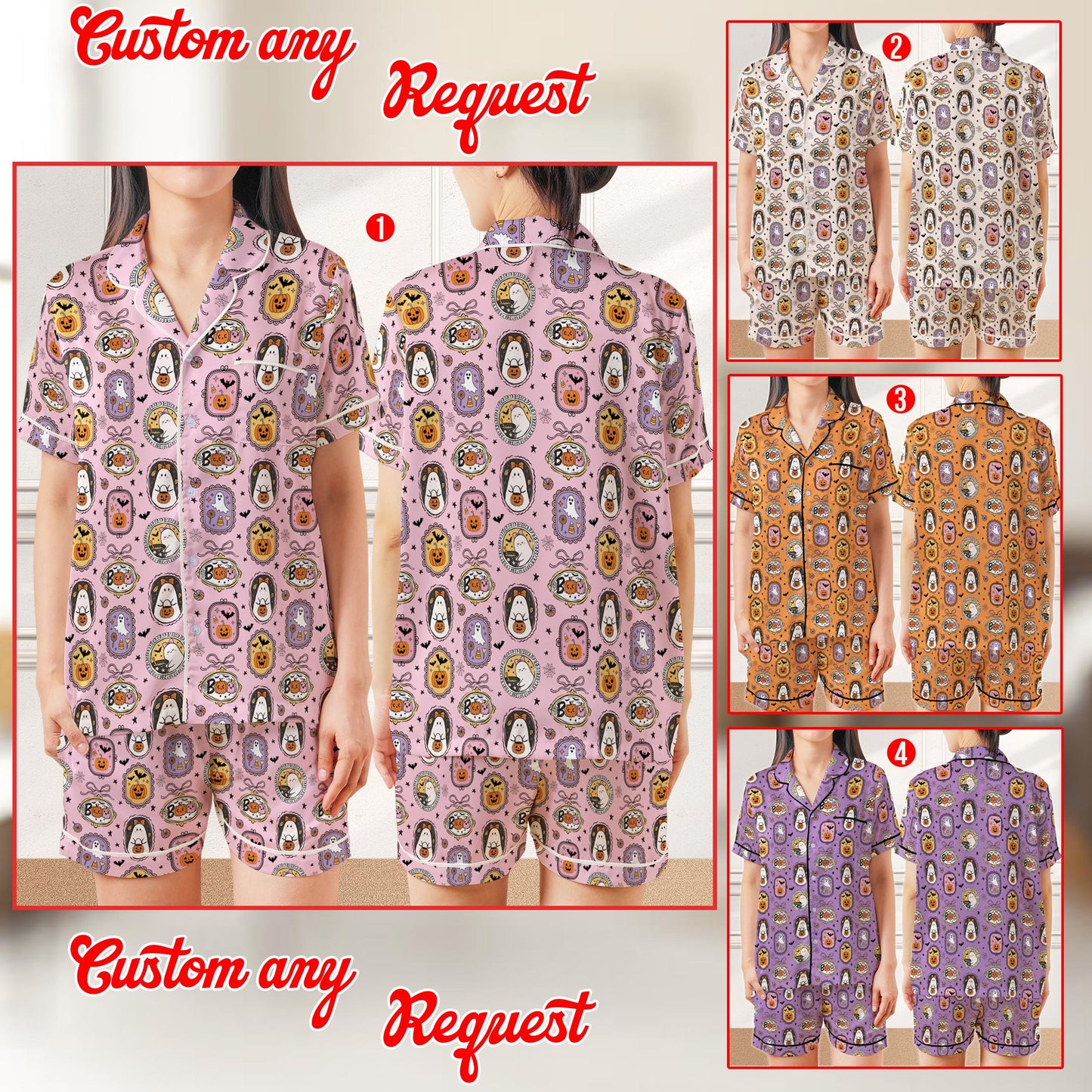 Coquette Boo Ghost Halloween Pajama Set, Cute Ghost Pumpkin Candy Sleepwear, Spooky Season Satin Pajamas, Girly Halloween Pajamas For Women