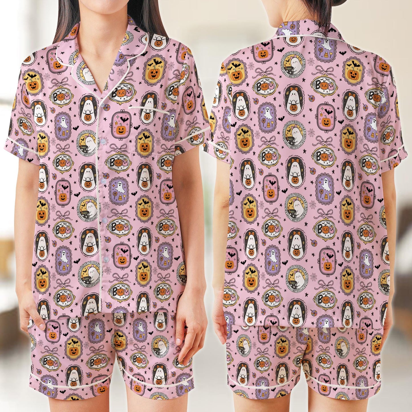 Coquette Boo Ghost Halloween Pajama Set, Cute Ghost Pumpkin Candy Sleepwear, Spooky Season Satin Pajamas, Girly Halloween Pajamas For Women