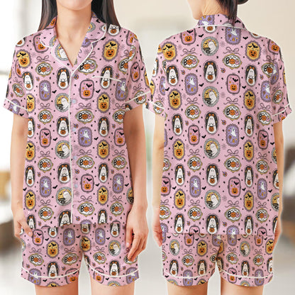Coquette Boo Ghost Halloween Pajama Set, Cute Ghost Pumpkin Candy Sleepwear, Spooky Season Satin Pajamas, Girly Halloween Pajamas For Women