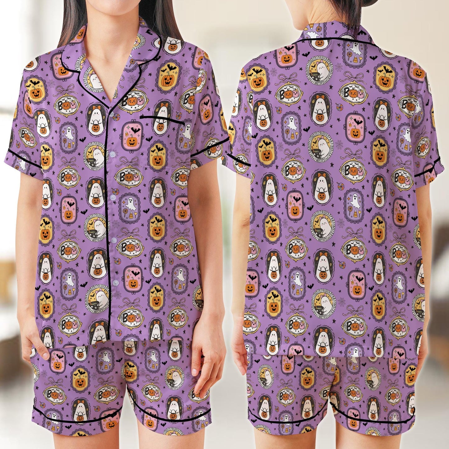 Coquette Boo Ghost Halloween Pajama Set, Cute Ghost Pumpkin Candy Sleepwear, Spooky Season Satin Pajamas, Girly Halloween Pajamas For Women