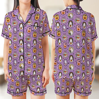 Coquette Boo Ghost Halloween Pajama Set, Cute Ghost Pumpkin Candy Sleepwear, Spooky Season Satin Pajamas, Girly Halloween Pajamas For Women