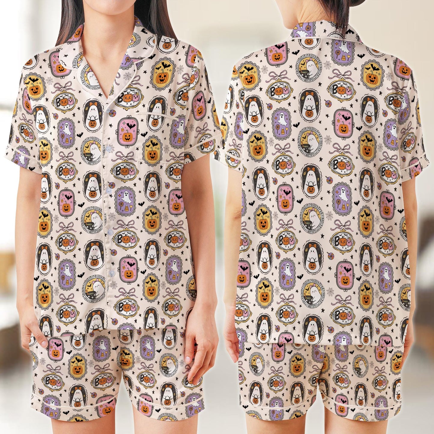 Coquette Boo Ghost Halloween Pajama Set, Cute Ghost Pumpkin Candy Sleepwear, Spooky Season Satin Pajamas, Girly Halloween Pajamas For Women