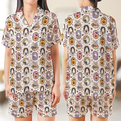 Coquette Boo Ghost Halloween Pajama Set, Cute Ghost Pumpkin Candy Sleepwear, Spooky Season Satin Pajamas, Girly Halloween Pajamas For Women