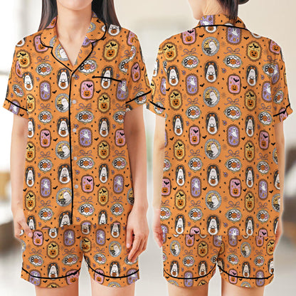 Coquette Boo Ghost Halloween Pajama Set, Cute Ghost Pumpkin Candy Sleepwear, Spooky Season Satin Pajamas, Girly Halloween Pajamas For Women
