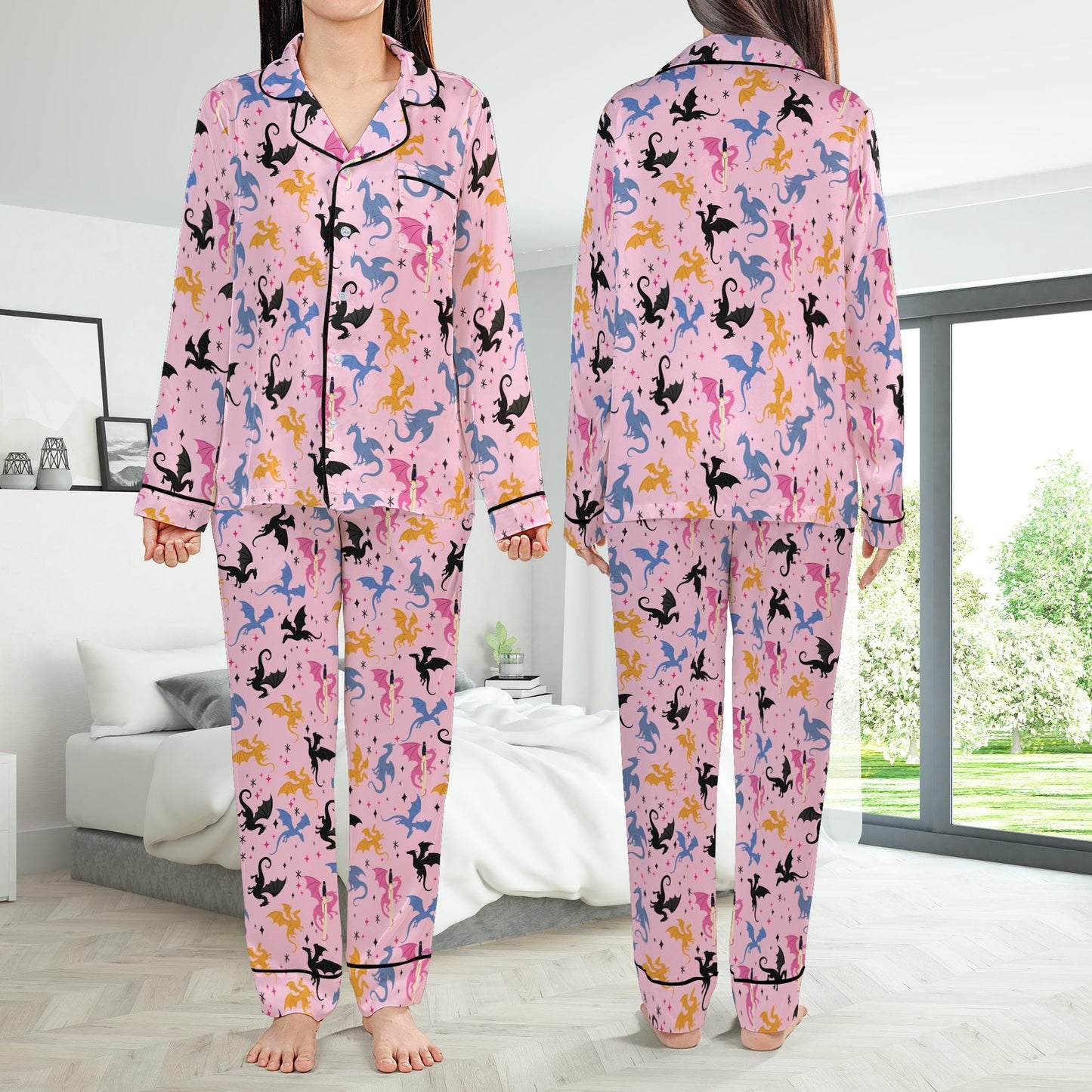 Mystic Dragon Pajamas Set, Cute Bookish Pajama Sleepwear Short Long Sleeve Pajama Set, Retro Fantasy Reader Home Wear, Girl Romantasy Set