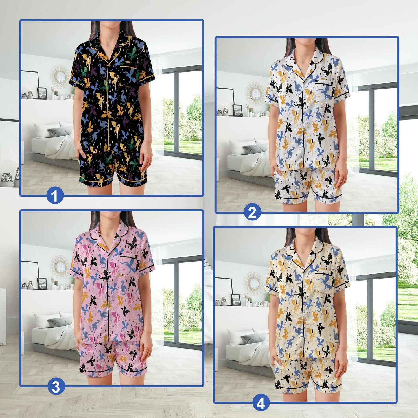 Mystic Dragon Pajamas Set, Cute Bookish Pajama Sleepwear Short Long Sleeve Pajama Set, Retro Fantasy Reader Home Wear, Girl Romantasy Set